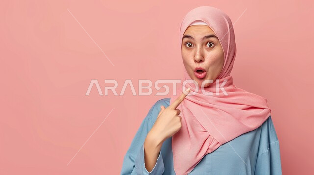 ايماءات تدل على الذهول لسماع خبر مفاجئ، الصدمة والتعجب من حصول أمر ما، بورتريه مقرب لشابة عربية خليجية سعودية محجبة تنظر إلى الكاميرا بتعابير الدهشة والخوف تشير بأصبع السبابة الى مكان ما، خلفية وردية