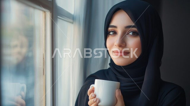 الاستمتاع في تناول المشروبات الساخنه الشهيه، النظر الى الكاميرا بإيماءات السرور، مفهوم الاهتمام بالمظهر الخارجي، منتجات محلية وطنية سعودية، صورة مقربة لامراة عربيه خليجية سعودية مبتسمة محجبة ترتدي العباءة تحمل بيدها كوب من القهوة