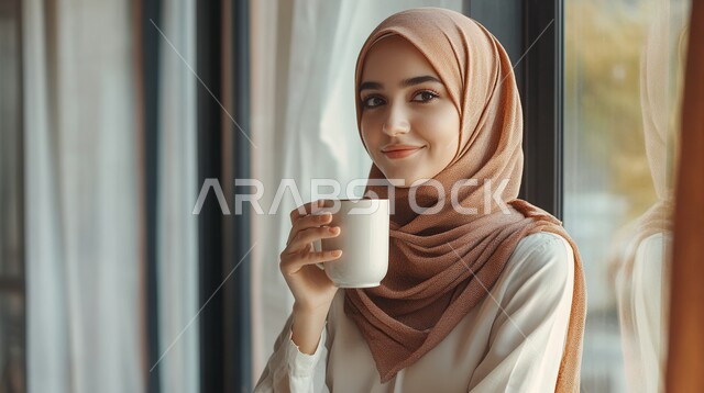 الاستمتاع في تناول المشروبات الساخنه الشهيه، النظر الى الكاميرا بإيماءات السرور، مفهوم الاهتمام بالمظهر الخارجي، منتجات محلية وطنية سعودية، صورة مقربة لامراة عربيه خليجية سعودية مبتسمة محجبة ترتدي العباءة تحمل بيدها كوب من القهوة