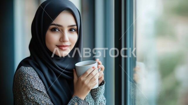 الاستمتاع في تناول المشروبات الساخنه الشهيه، النظر الى الكاميرا بإيماءات السرور، مفهوم الاهتمام بالمظهر الخارجي، منتجات محلية وطنية سعودية، صورة مقربة لامراة عربيه خليجية سعودية مبتسمة محجبة ترتدي العباءة تحمل بيدها كوب من القهوة