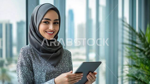 استخدام التقنيات الحديثة لإعداد خطط الاعمال الاستراتيجية, تنظيم الأمور في الشركة بإيماءات السرور, مفهوم الثقة بالنفس والانوثة، صورة مقربة لامرأة عربية خليجية سعودية محجبة ترتدي الزي الكاجوال تقوم بالعمل على جهاز التابليت، تدقيق مشاريع ومخططات الشركة