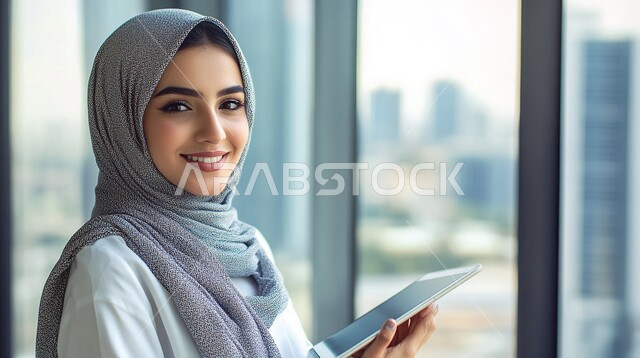 استخدام التقنيات الحديثة لإعداد خطط الاعمال الاستراتيجية, تنظيم الأمور في الشركة بإيماءات السرور, مفهوم الثقة بالنفس والانوثة، صورة مقربة لامرأة عربية خليجية سعودية محجبة ترتدي الزي الكاجوال تقوم بالعمل على جهاز التابليت، تدقيق مشاريع ومخططات الشركة