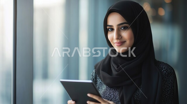 استخدام التقنيات الحديثة لإعداد خطط الاعمال الاستراتيجية, تنظيم الأمور في الشركة بإيماءات السرور, مفهوم الثقة بالنفس والانوثة، صورة مقربة لامرأة عربية خليجية سعودية محجبة ترتدي الزي الكاجوال تقوم بالعمل على جهاز التابليت، تدقيق مشاريع ومخططات الشركة