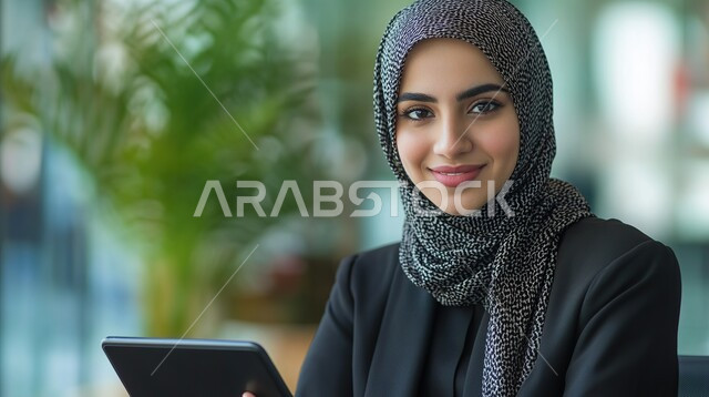 استخدام التقنيات الحديثة لإعداد خطط الاعمال الاستراتيجية, تنظيم الأمور في الشركة بإيماءات السرور, مفهوم الثقة بالنفس والانوثة، صورة مقربة لامرأة عربية خليجية سعودية محجبة ترتدي الزي الكاجوال تقوم بالعمل على جهاز التابليت، تدقيق مشاريع ومخططات الشركة