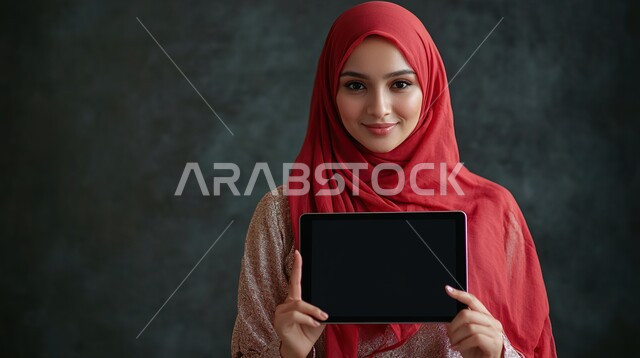 استخدام الاجهزة التقنية الحديثة، بورتريه مقرب لامرأة عربية خليجية سعودية محجبة تحمل بيدها جهاز التابليت بشاشة سوداء وتشير بأصبعها السبابة الى شيء ما، إيماءات السعادة والسرور، عرض تطبيقات وخدمات الهاتف، خلفية سوداء