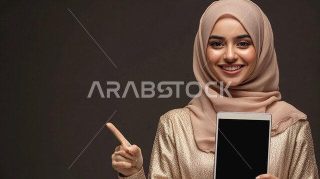 استخدام الاجهزة التقنية الحديثة، بورتريه مقرب لامرأة عربية خليجية سعودية محجبة تحمل بيدها جهاز التابليت بشاشة سوداء وتشير بأصبعها السبابة الى شيء ما، إيماءات السعادة والسرور، عرض تطبيقات وخدمات الهاتف، خلفية سوداء