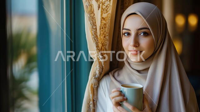 مفهوم الأنوثة والنعومة، ملابس محجبات عصرية راقية، الاهتمام بالمظهر الخارجي والأناقة، بورتريه مقرب لامرأة عربية خليجية سعودية محجبة تحمل بيدها كوب تنظر إلى الكاميرا بايماءات السعادة والسرور