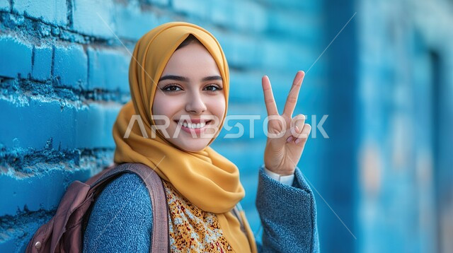 النجاح وتحقيق الأهداف، مفهوم السعادة للوصول للغايات، صورة مقربة لشابة عربية خليجية سعودية محجبة ترفه يدها باشارة النصر والقوة تحمل حقيبة على ظهرها، ايماءات الفرح والسرور، الاهتمام بالمظهر الخارجي والأناقة،