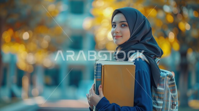 ملابس محجبات عصرية راقية، مفهوم الأنوثة والنعومة، الاهتمام بالمظهر الخارجي والأناقة، صورة مقربة لامرأة عربية خليجية سعودية محجبة تنظر إلى الكاميرا بايماءات الثقة بالنفس والسرور تحمل بيدها كتاب