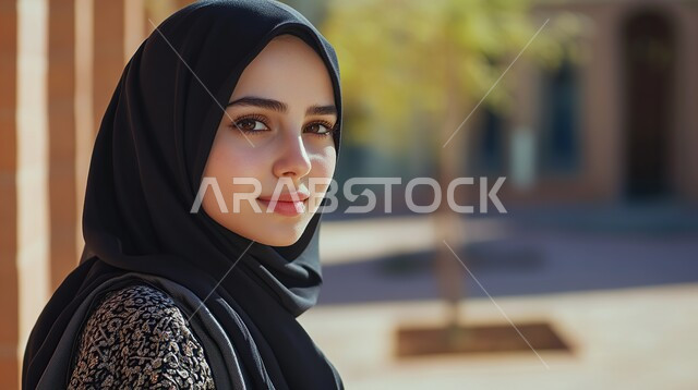 ملابس محجبات عصرية راقية، مفهوم الأنوثة والنعومة، الاهتمام بالمظهر الخارجي والأناقة، صورة مقربة لامرأة عربية خليجية سعودية محجبة تنظر إلى الكاميرا بايماءات الثقة بالنفس والسرور