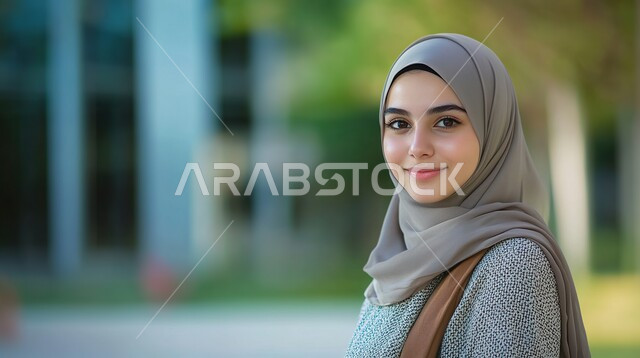 ملابس محجبات عصرية راقية، مفهوم الأنوثة والنعومة، الاهتمام بالمظهر الخارجي والأناقة، صورة مقربة لامرأة عربية خليجية سعودية محجبة تنظر إلى الكاميرا بايماءات الثقة بالنفس والسرور