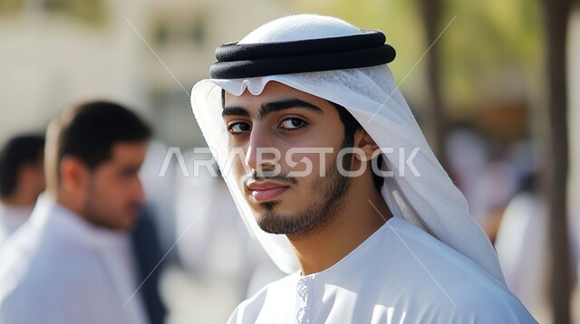 The concept of elegance and masculinity, interest in outward appearance, expressions of self-confidence, a close-up image of a young Emirati Gulf Arab man wearing a kandura and a ghutra, looking somewhere with serious gestures
