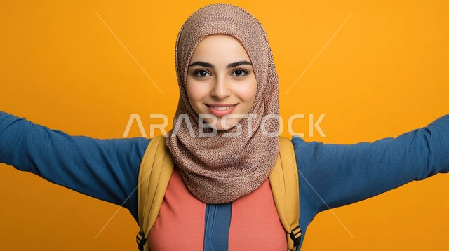 الاستقبال والترحيب بحرارة,  بورتريه مقربة لامرأة عربية خليجية سعودية محجبة ترفع يديها للأعلى بتعابير السرور والسعادة, ملابس محجبات عصرية راقية، مفهوم الأنوثة والنعومة