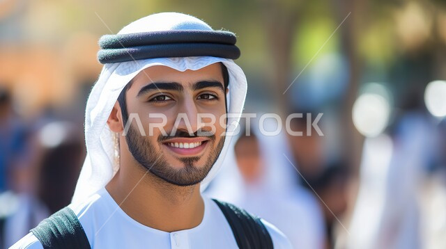 الاهتمام بالمظهر الخارجي، تعابير الثقة بالنفس، صورة مقربة لشاب عربي خليجي اماراتي يرتدي الكندورة والغترة ينظر إلى الكاميرا بايماءات السرور، مفهوم الاناقة والرجولة