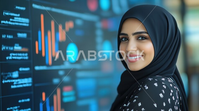 استخدام الأجهزة الحديثة المتطورة، ملابس محجبات عصرية راقية، مفهوم الأنوثة والنعومة، الاهتمام بالمظهر الخارجي والأناقة، صورة مقربة لامرأة عربية خليجية سعودية محجبة تقف امام شاشة مضيئة تنظر إلى الكاميرا بايماءات الثقة بالنفس والسرور