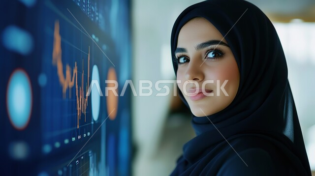 استخدام الأجهزة الحديثة المتطورة، ملابس محجبات عصرية راقية، مفهوم الأنوثة والنعومة، الاهتمام بالمظهر الخارجي والأناقة، صورة مقربة لامرأة عربية خليجية سعودية محجبة تقف امام شاشة مضيئة تنظر إلى الكاميرا بايماءات الثقة بالنفس والسرور
