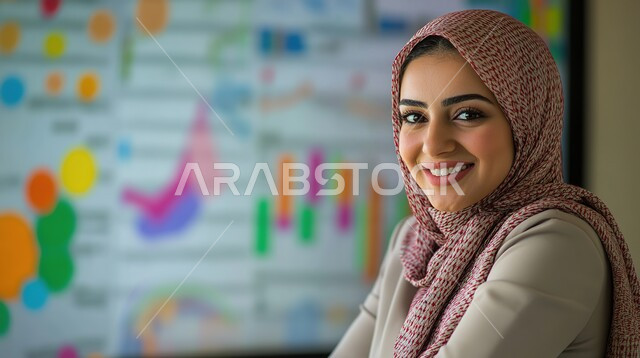 ملابس محجبات عصرية راقية، مفهوم الأنوثة والنعومة، الاهتمام بالمظهر الخارجي والأناقة، صورة مقربة لامرأة عربية خليجية سعودية محجبة تنظر إلى الكاميرا بايماءات الثقة بالنفس والسرور