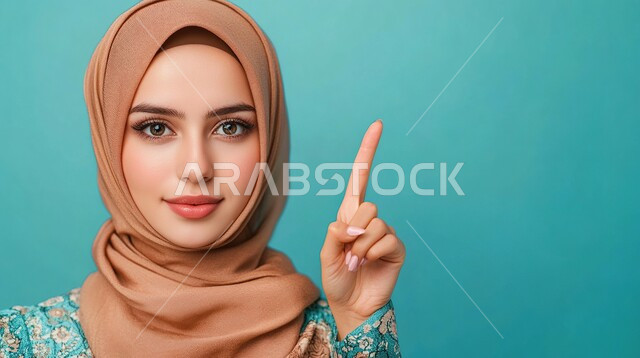 إشارات وحركات يدين تدل على هذا المكان (هنا)، تحديد موقع معين بإيماءات البشاشة، بورتريه مقرب لامرأة عربيه خليجيه سعوديه مبتسمه محجبه ترتدي  ترفع اصابعها السبابة وتشير الى شيء ما، خلفية زرقاء