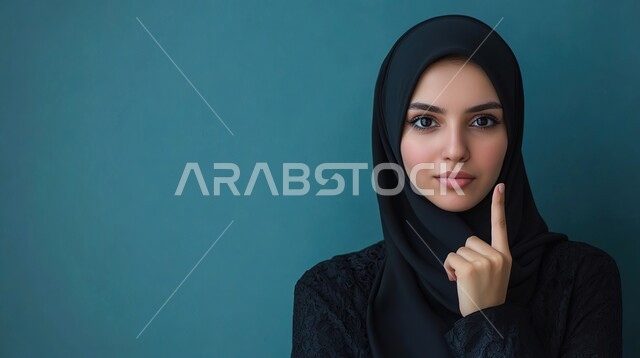 إشارات وحركات يدين تدل على هذا المكان (هنا)، تحديد موقع معين بإيماءات البشاشة، بورتريه مقرب لامرأة عربيه خليجيه سعوديه مبتسمه محجبه ترتدي  ترفع اصابعها السبابة وتشير الى شيء ما، خلفية زرقاء