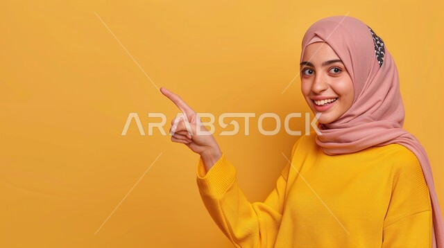  الاهتمام بالمظهر الخارجي والأناقة، بورتريه مقرب لشابة عربية خليجية سعودية محجبة تنظر إلى الكاميرا بتعابير السعادة والسرور تشير بأصبع السبابة الى مكان ما، خلفية برتقالية
