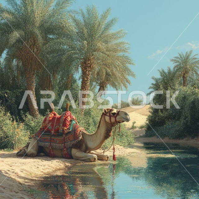 حيوان الجمل يجلس أمام بحيرة من المياه في الصحراء العربية, تربية الابل في المحميات الطبيعية في صحاري المملكة العربية السعودية, محاصيل ومنتجات زراعية محلية, مزارع وواحات أشجار النخيل في الطبيعة الصحراوية, وسائل النقل والسفر القديمة