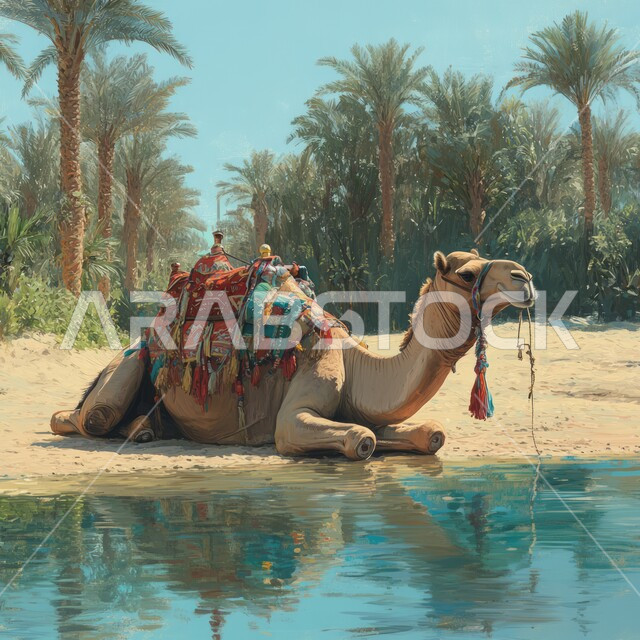 حيوان الجمل يجلس أمام بحيرة من المياه في الصحراء العربية, تربية الابل في المحميات الطبيعية في صحاري المملكة العربية السعودية, محاصيل ومنتجات زراعية محلية, مزارع وواحات أشجار النخيل في الطبيعة الصحراوية, وسائل النقل والسفر القديمة