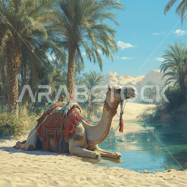 حيوان الجمل يجلس أمام بحيرة من المياه في الصحراء العربية, تربية الابل في المحميات الطبيعية في صحاري المملكة العربية السعودية, محاصيل ومنتجات زراعية محلية, مزارع وواحات أشجار النخيل في الطبيعة الصحراوية, وسائل النقل والسفر القديمة