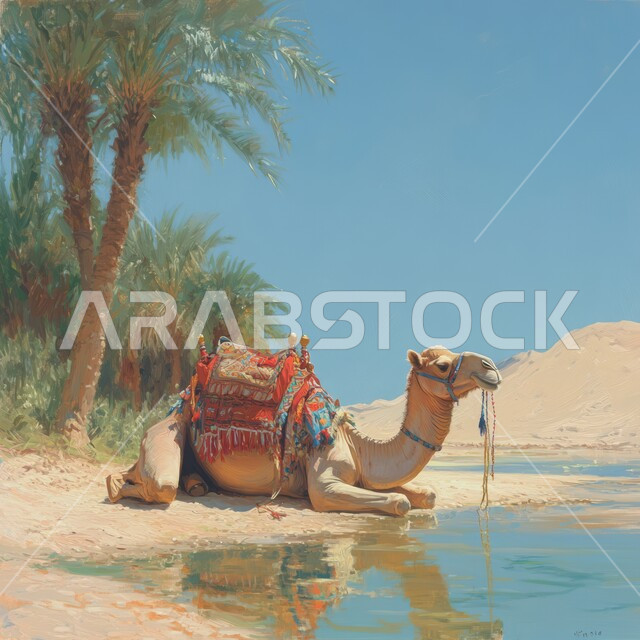 حيوان الجمل يجلس أمام بحيرة من المياه في الصحراء العربية, تربية الابل في المحميات الطبيعية في صحاري المملكة العربية السعودية, محاصيل ومنتجات زراعية محلية, مزارع وواحات أشجار النخيل في الطبيعة الصحراوية, وسائل النقل والسفر القديمة