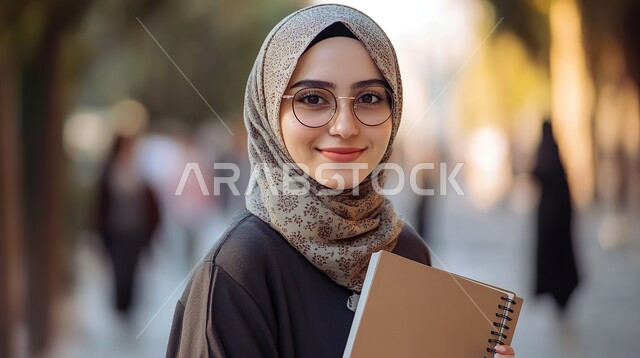 ملابس محجبات عصرية راقية، مفهوم الأنوثة والنعومة، الاهتمام بالمظهر الخارجي والأناقة، صورة مقربة لامرأة عربية خليجية سعودية محجبة تنظر إلى الكاميرا بايماءات الثقة بالنفس والسرور تحمل بيدها كتاب