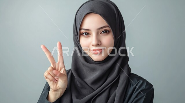 مفهوم الفرح بالفوز، النجاح وتحقيق الأهداف، تعابير السرور والسعادة، بورتريه مقرب لامرأة عربية خليجية سعودية محجبة مبتسمة محجبة ترفع يديها بعلامة النصر تنظر الى الكاميرا بايماءات الحماس، خلفية ملونة