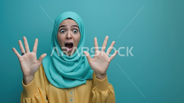 مفهوم الصراخ والغضب، بورتريه مقرب لإمرأة عربية سعودية خليجية محجبة تنظر الى الكاميرا بإيماءات الانفعال الشديد، الشعور بالإنزعاج والقهر، خلفية زرقاء