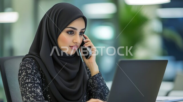استخدام الوسائل التقنية الحديثة والمتطورة لإنجاز المهام، إدارة وتنظيم الأعمال في مقر الشركة, بيئة العمل المريحة في شركات المملكة، مهن ووظائف مكتبية نسائية, امرأة عربية خليجية سعودية محجبة تعمل على الجهاز اللوحي في المكتب