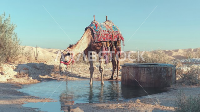 حيوان الجمل يقوم بشرب مياه البحيرة في النهار, المحميات الطبيعية لتربية ورعاية الابل في المملكة العربية السعودية, مناطق رحلات السفاري الترفيهية, الهضاب والتلال والكثبان الرملية الناعمة في الصحراء, التضاريس والقمم والمرتفعات، خلفية الطبيعة