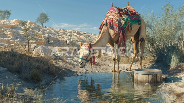 حيوان الجمل يقوم بشرب مياه البحيرة في النهار, المحميات الطبيعية لتربية ورعاية الابل في المملكة العربية السعودية, مناطق رحلات السفاري الترفيهية, الهضاب والتلال والكثبان الرملية الناعمة في الصحراء, التضاريس والقمم والمرتفعات، خلفية الطبيعة