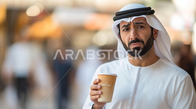  الاهتمام بالمظهر الخارجي والأناقة، صورة مقربة لرجل عربي خليجي سعودي يرتدي الثوب التقليدي والشماغ ينظر إلى الكاميرا بايماءات الإستياء وعدم الرضا يحمل بيده كوب من القهوة الباردة