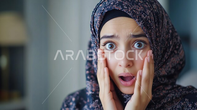 ايماءات تدل على الذهول لسماع خبر مفاجئ، الصدمة والتعجب من حصول أمر ما، صورة مقربة لامرأة عربية خليجية سعودية محجبة تنظر إلى الكاميرا بتعابير الدهشة والخوف