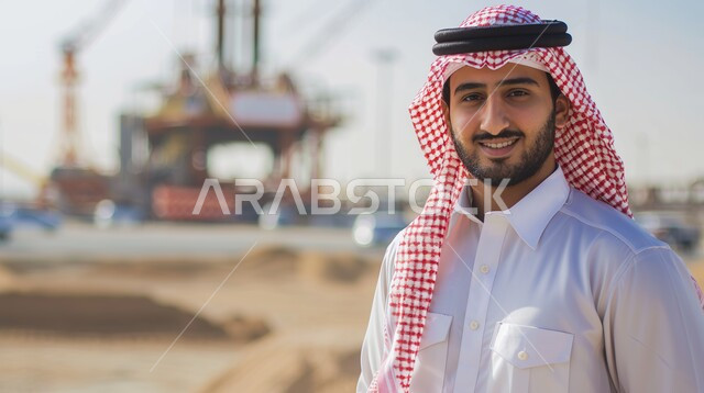 Maritime economy for transporting and receiving storage containers, port for loading goods and commercial containers, commercial port for delivering goods and local products via ships at sea, import and export of goods in the Kingdom, picture of a Saudi Arabian man wearing a traditional thobe and shemagh looking at the camera
