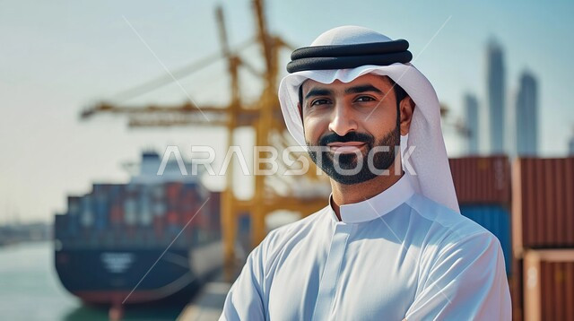 Maritime economy for transporting and receiving storage containers, port for loading goods and commercial containers, commercial port for delivering goods and local products via ships at sea, import and export of goods in the Kingdom, picture of a Saudi Arabian man wearing a traditional thobe and shemagh looking at the camera