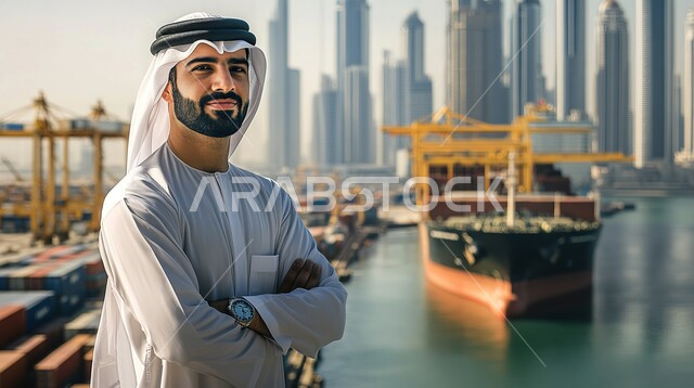 Maritime economy for transporting and receiving storage containers, port for loading goods and commercial containers, commercial port for delivering goods and local products via ships at sea, import and export of goods in the Kingdom, picture of a Saudi Arabian man wearing a traditional thobe and shemagh looking at the camera