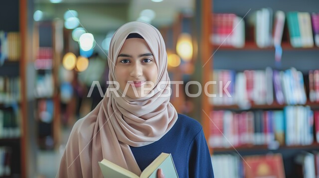 ملابس محجبات عصرية راقية، مفهوم الأنوثة والنعومة، الاهتمام بالمظهر الخارجي والأناقة، صورة مقربة لامرأة عربية خليجية سعودية محجبة تنظر إلى الكاميرا بايماءات الثقة بالنفس والسرور تحمل بيدها كتاب