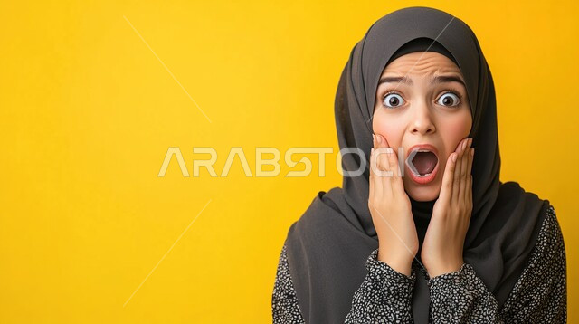 ايماءات تدل على الذهول لسماع خبر مفاجئ، الصدمة والتعجب من حصول أمر ما، بورتريه مقرب لامرأة عربية خليجية سعودية محجبة تنظر إلى الكاميرا بتعابير الدهشة والخوف، خلفية صفراء