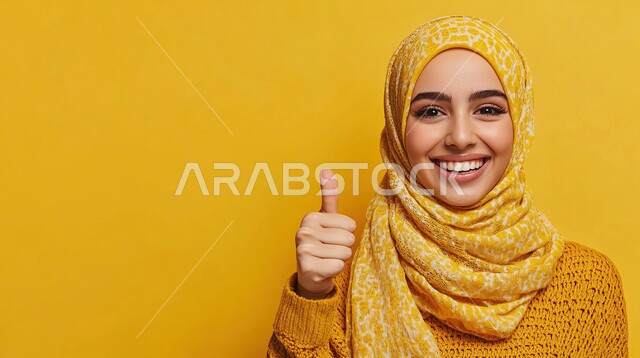 تعابير الموافقة و القبول ,النظر الى الكاميرا بإيماءات السرور، سيدة سعودية تشعر بالإعجاب والرضى، بورتريه مقرب لامراة عربية خليجية سعودية مبتسمة محجبة ترفع اصبع الابهام للاعلى بعلامة الامتياز و الجودة, خلفية برتقالية