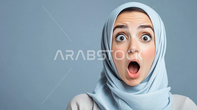 ايماءات تدل على الذهول لسماع خبر مفاجئ، الصدمة والتعجب من حصول أمر ما، بورتريه مقرب لامرأة عربية خليجية سعودية محجبة تنظر إلى الكاميرا بتعابير الدهشة والخوف، خلفية رمادية