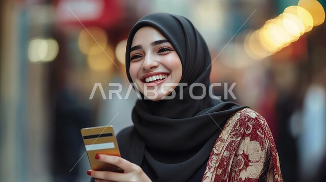 الشراء والدفع عن طريق بطاقة الإئتمان البنكية، إيماءات وتعابير السعادة والسرور، إمكانية تسديد الفواتير بالبطاقات الإلكترونية، صورة مقربة لسيدة عربية خليجية سعودية محجبة تحمل بيدها بطاقة الصراف