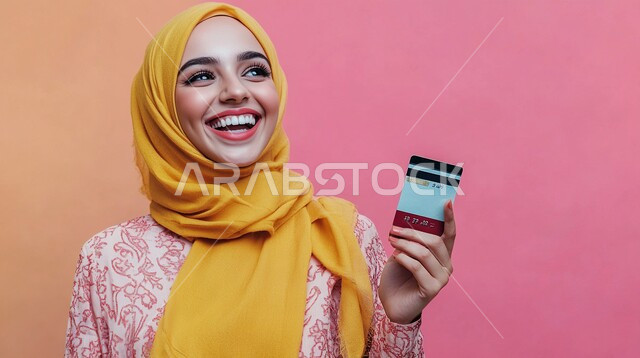 Purchase and payment by bank credit card, gestures and expressions of happiness and pleasure, possibility of paying bills by electronic cards, close-up portrait of a veiled Saudi Arabian Gulf woman holding an ATM card in her hand, colored background