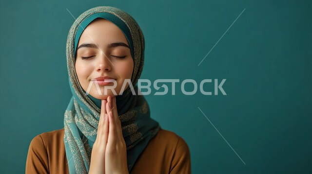 الاسترخاء والشعور بالراحة، الاستمتاع في قضاء الوقت بالتأمل، التدرب على الهدوء وتمالك النفس، المحافظة على اللياقة والصحة البدنية، بورتريه مقرب لشابة عربية خليجية سعودية تغمض عينيها، خلفية خضراء