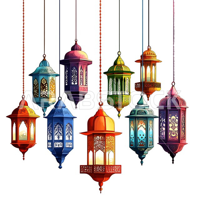 Decorative colorful illuminated metal Arabic lanterns, Ramadan lighting and decoration, Ramadan spiritual atmosphere decorations and lights, Islamic geometric art of antiques and accessories, traditional Islamic antiques to celebrate the arrival of the month of goodness, white background