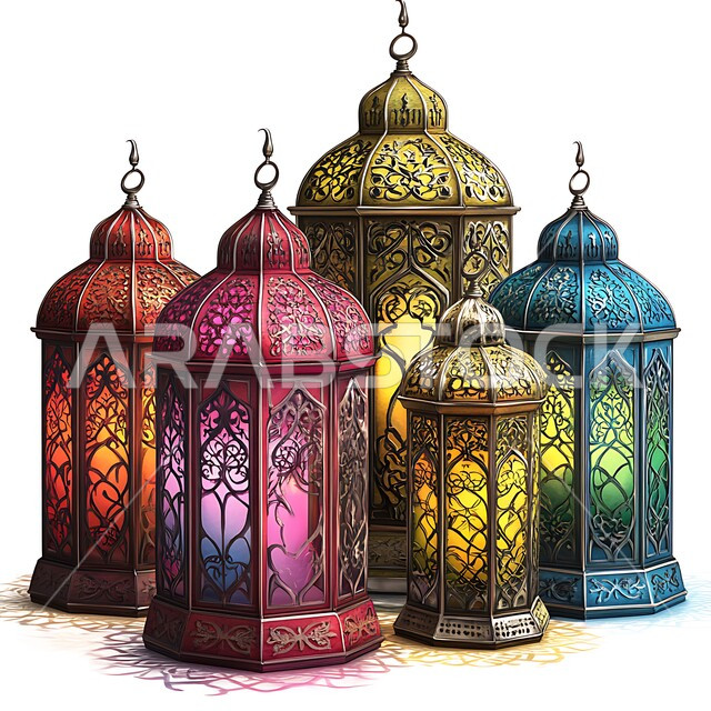 فوانيس عربية معدنية مزخرفة مضيئة وملونة، إضاءة وزينة شهر رمضان المبارك، ديكورات وأنوار في الأجواء الرمضانية الروحانية، الفن الهندسي الاسلامي للتحف والاكسسوارات، تحف اسلامية تقليدية للاحتفال بقدوم شهر الخير، خلفية بيضاء