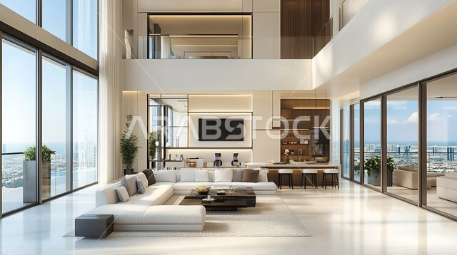 فيلا عربية مكونة من طابقين، هندسية داخلية فاخرة, التصاميم الأنيقة لغرف الجلوس المريحة على الطراز الحديث، ديكورات داخلية عصرية راقية, الواجهات و النوافذ الزجاجية الكبيرة, غرفة معيشة مع أثاث منزلي فاخر, فلل و شقق سكنية في المملكة العربية السعودية