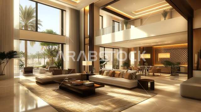 فيلا عربية مكونة من طابقين، هندسية داخلية فاخرة, التصاميم الأنيقة لغرف الجلوس المريحة على الطراز الحديث، ديكورات داخلية عصرية راقية, الواجهات و النوافذ الزجاجية الكبيرة, غرفة معيشة مع أثاث منزلي فاخر, فلل و شقق سكنية في المملكة العربية السعودية